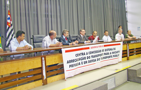 Fórum em Defesa do Transporte Público promove audiência pública, na Assembléia Legislativa de São Paulo, denunciando o projeto que privatiza o sistema de arrecadação do transporte público