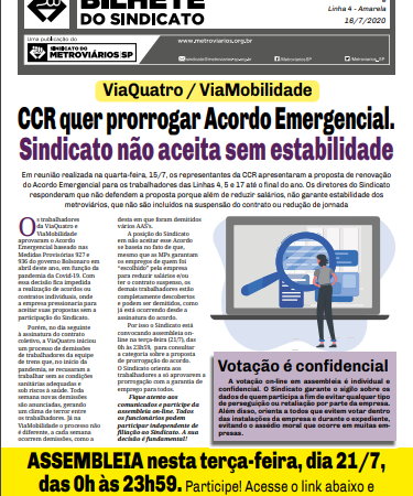 Bilhete ViaMobilidade e ViaQuatro – 16/07/2020