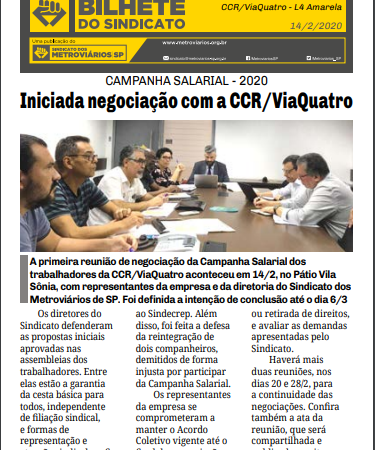 Bilhete ViaQuatro – 14/02/2020