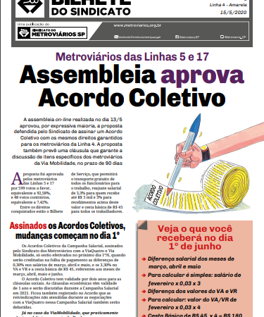 Bilhete ViaMobilidade e ViaQuatro – 15/05/2020